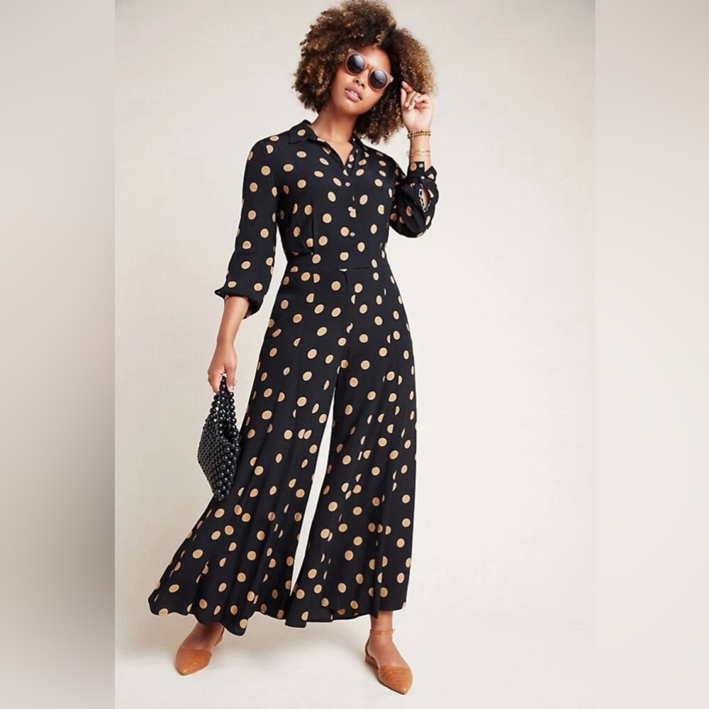 ANTHROPOLOGIE Loveland‎ Wide-Leg Jumpsuit Women's Size US 4 Black Polka